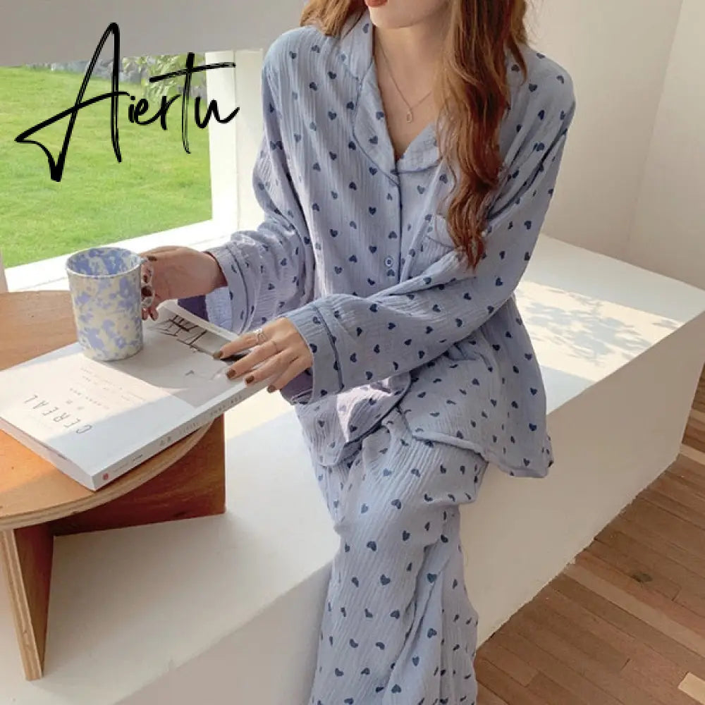 Aiertu New Autumn Winter Sleepwear 2 Pieces Sets For Women's Cotton Pajamas Turn-down Collar Homewear Large Size Pijama Pyjama Female Aiertu