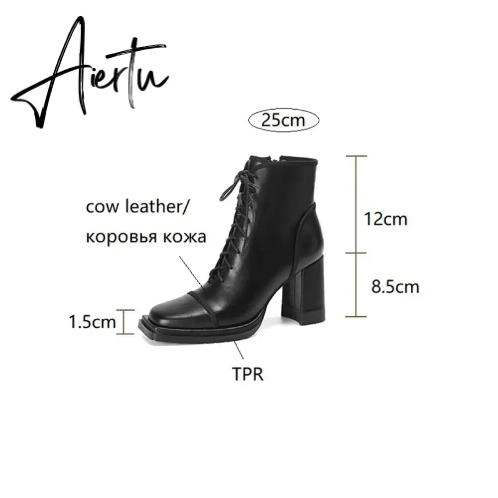Aiertu NEW Fall Shoes Women Square Toe Chunky Boots for Women Winter Genuine Leather Boots High Heel Platform Boots Elegent Girl Shoes Aiertu