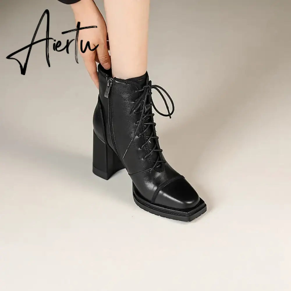 Aiertu NEW Fall Shoes Women Square Toe Chunky Boots for Women Winter Genuine Leather Boots High Heel Platform Boots Elegent Girl Shoes Aiertu