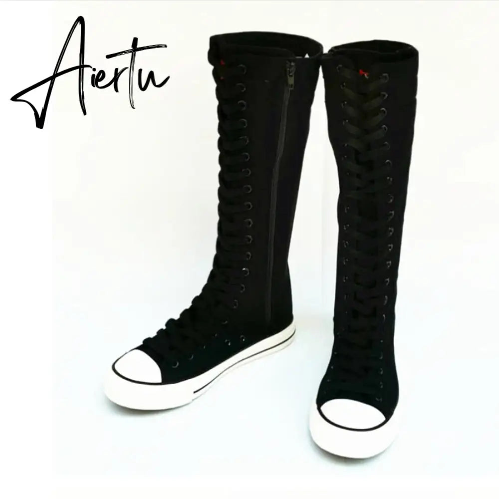 Aiertu  new fashion 3Colors women's canvas boots lace zipper knee high boots boots flat shoes casual high help punk shoes girls Aiertu