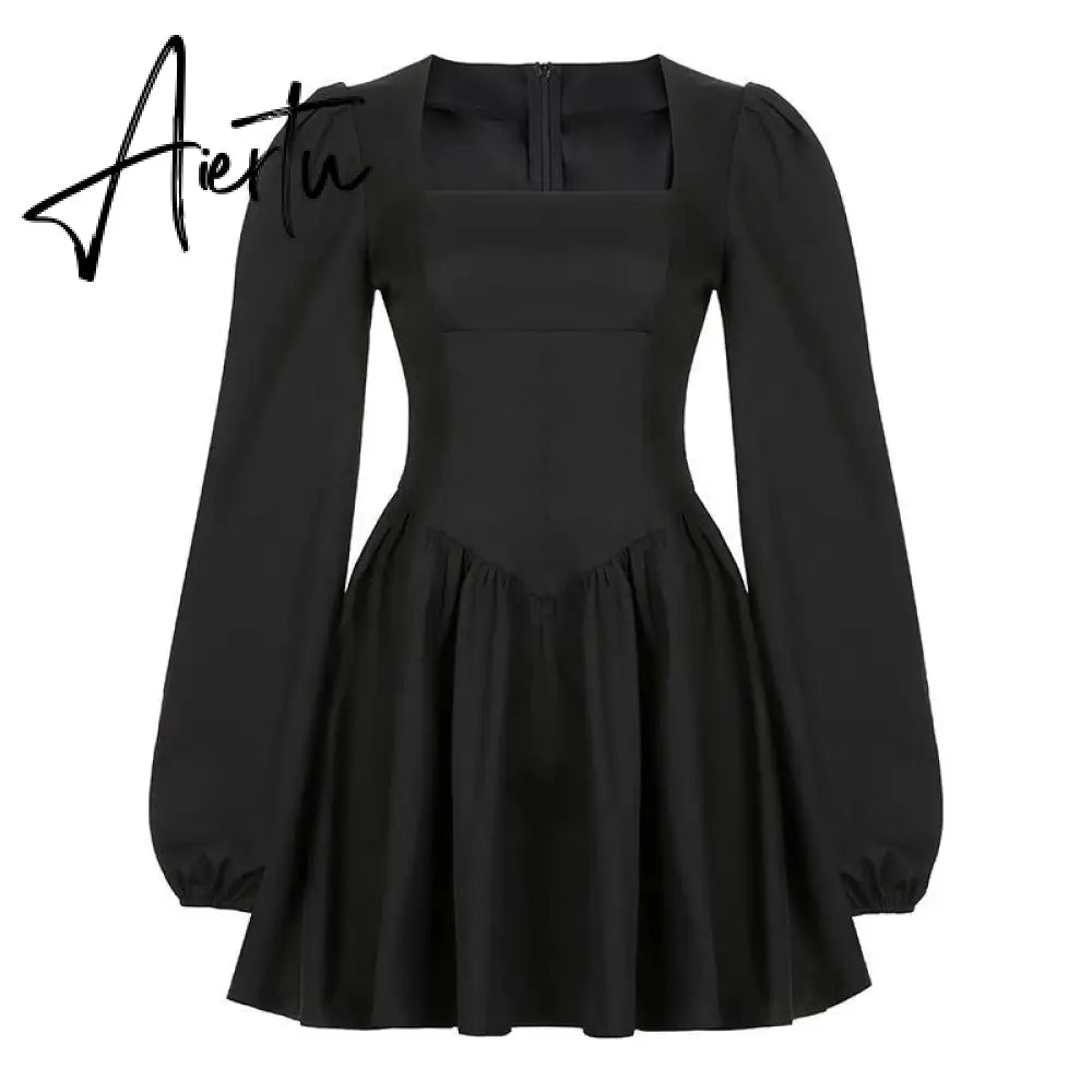 Aiertu  New Fashion Elegant Puff Long Sleeve Black Dress Women Corset Summer Clothes Goth Sexy Party Club Outfits Mini Pleated Skirt Y2k Aiertu