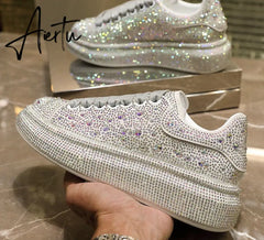 Aiertu  New Fashion Women Shoes Luxury Sports Shoes Women Designers Leather Shoes Silver Rhinestone Crystal Sneakers Tide Aiertu