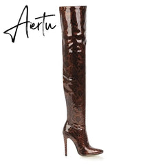 Aiertu   New Fashion womens overknee snake PU boots patent PU high thin heels pointed toe party bars pole dance sexy boots Aiertu