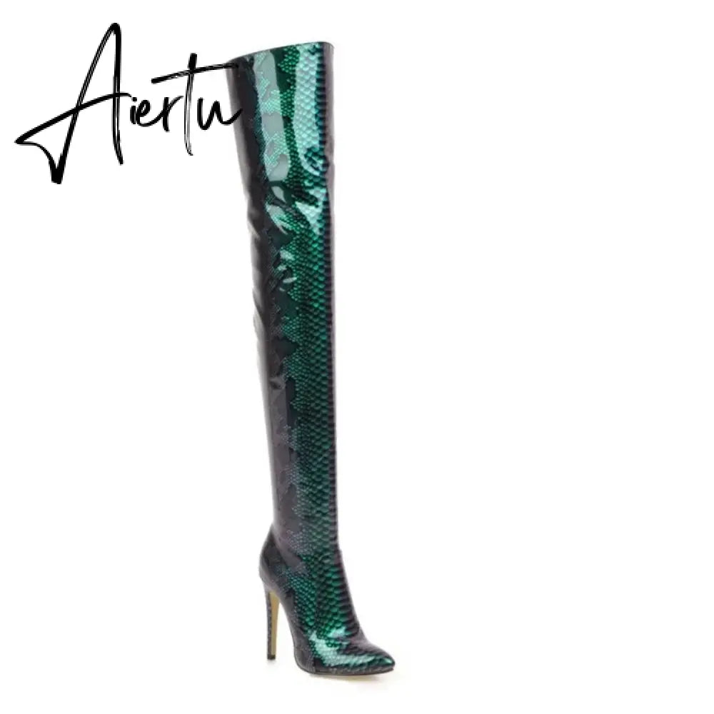 Aiertu   New Fashion womens overknee snake PU boots patent PU high thin heels pointed toe party bars pole dance sexy boots Aiertu