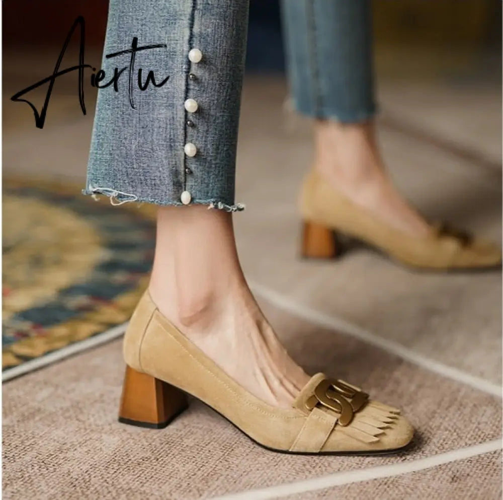 Aiertu  New High Heels Shoes Women's Beige Apricot Elegant Metal Decorations Professional Style Shose Office Lady Pumps Aiertu