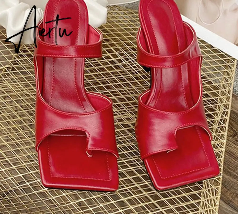 Aiertu New Popular Personality Clip Toe Square Head Leather Women Slippers Fashion Stiletto Heels Elegant Dress Shoes Aiertu