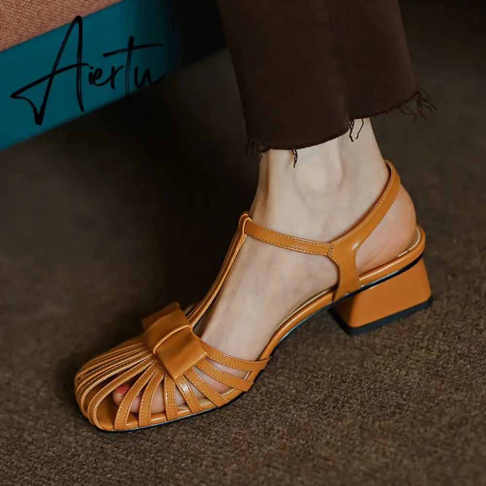 Aiertu New Shallow Rome Thick Med Heels Shoes Buckle Strap Genuine Leather Sandals Women Ladies Shoes Leather Gladiator Sandals Aiertu