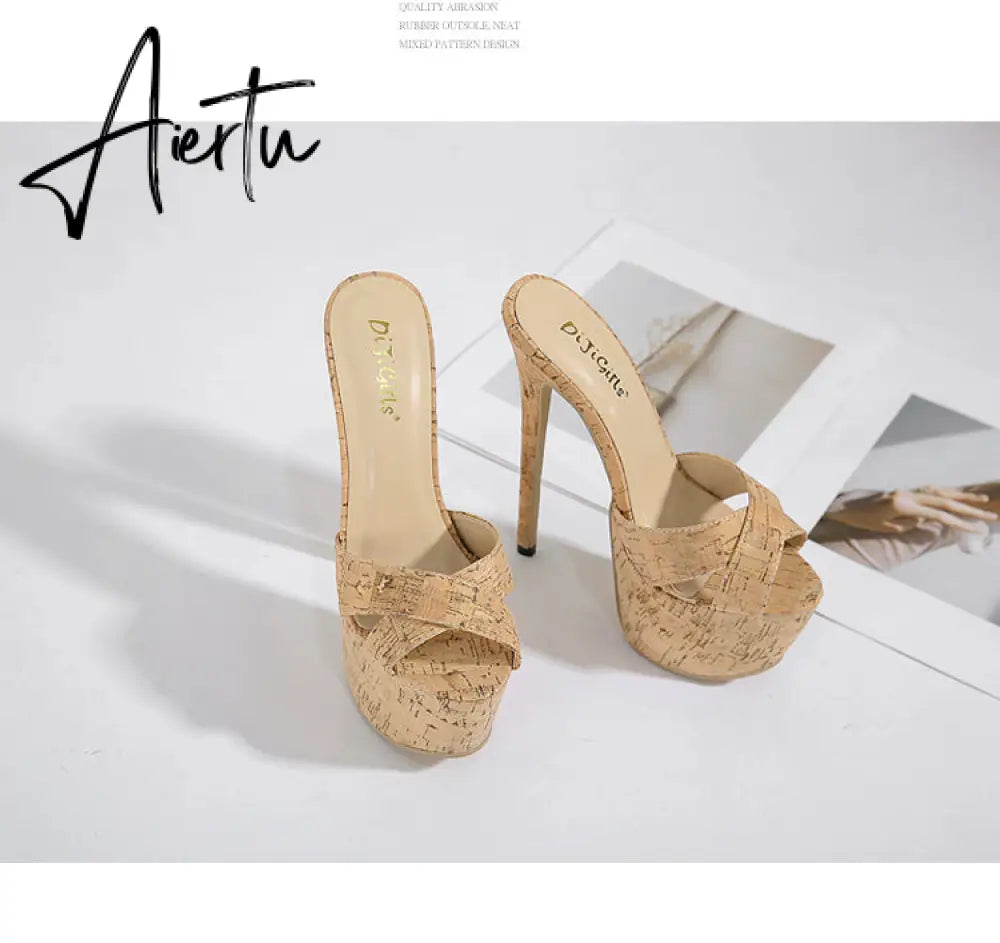Aiertu New Slippers For Women Summer Sandals Super High Heels Platform Mules Heels Cork Half Sandals Woman Shoes Female Flip Flops Aiertu
