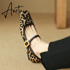 Aiertu NEW Spring/Autumn Women Pumps Square Toe Chunky Heel Shoes Horsehair Leopard Shoes for Women Concise High Heel Buckle Mary Janes Aiertu