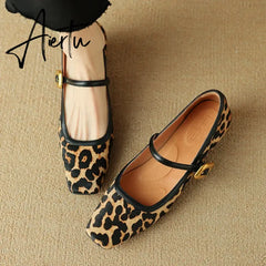 Aiertu NEW Spring/Autumn Women Pumps Square Toe Chunky Heel Shoes Horsehair Leopard Shoes for Women Concise High Heel Buckle Mary Janes Aiertu