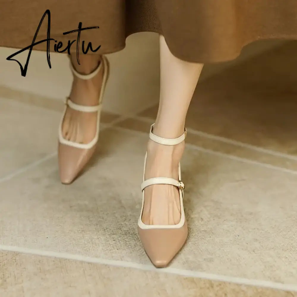 Aiertu NEW Spring/Summer Women Shoes Pointed Toe Thin Heel Pumps for Women Elegant Cow Leather Shoes sexy High Heels Elegant Mary Janes Aiertu