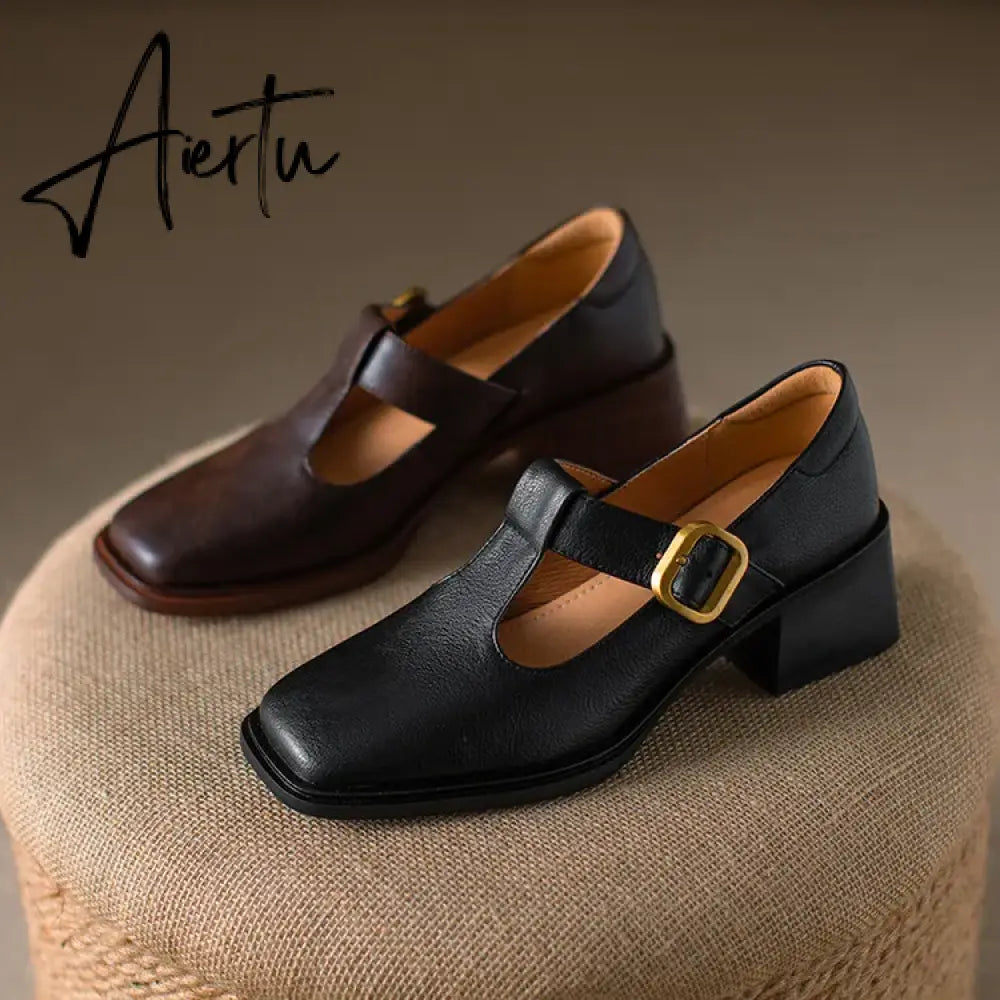 Aiertu NEW Spring Women Pumps Genuine Leather Shoes for Women Square Toe Chunky Heel Shoes Retro Mid-heel Mary Janes Retro Brown Shoes Aiertu
