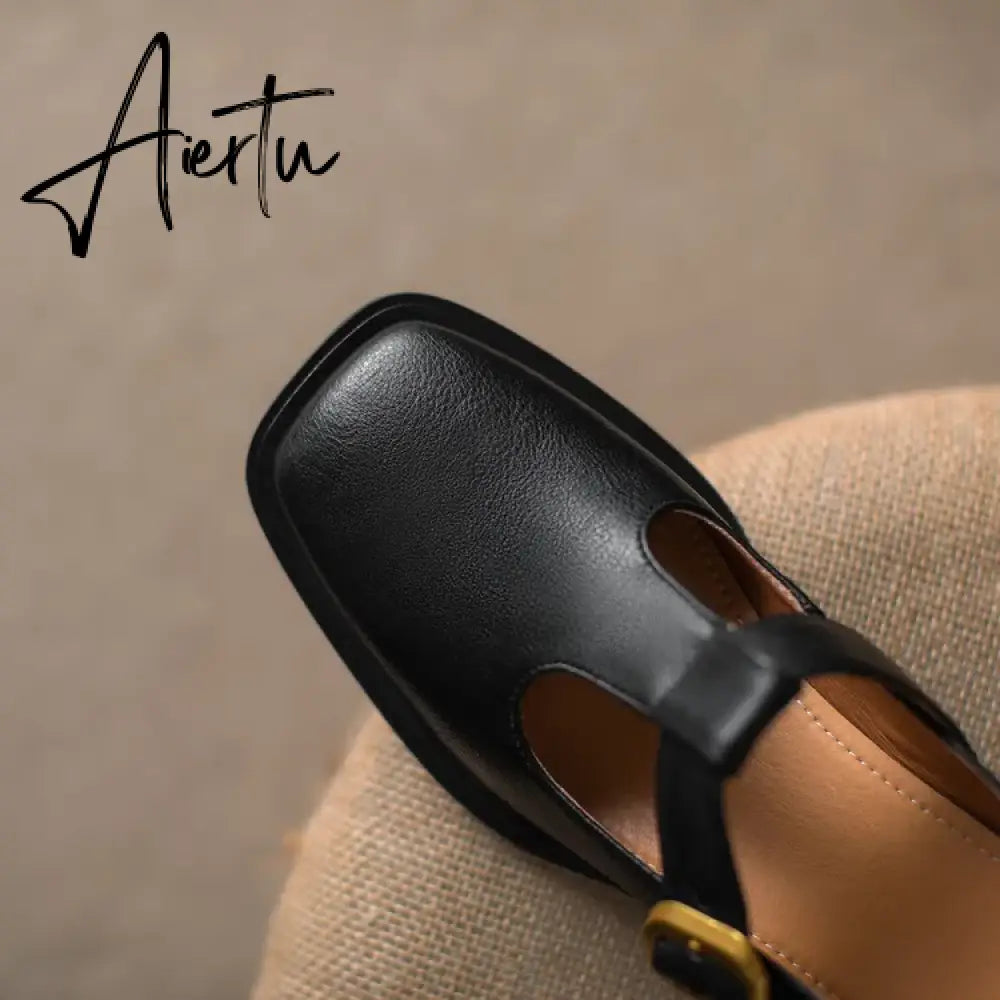 Aiertu NEW Spring Women Pumps Genuine Leather Shoes for Women Square Toe Chunky Heel Shoes Retro Mid-heel Mary Janes Retro Brown Shoes Aiertu