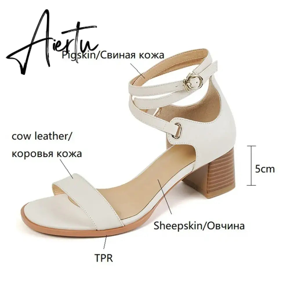 Aiertu NEW Summer Shoes Women Round Toe Chunky Heel Sandals Women Cow Leather Solid Cover Heel Shoes for Women Beige/Black Chic Shoes Aiertu
