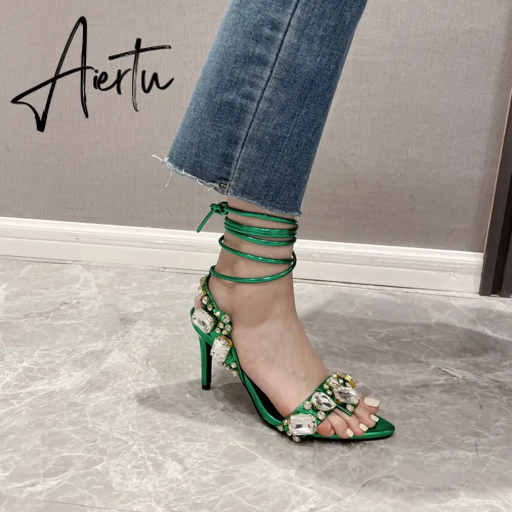 Aiertu  New Summer Women Sandals Female Pu Pointed Toe Crystal Fashion Pumps Ladies Solid Thin High Ankle Strap Sexy Shoes Aiertu
