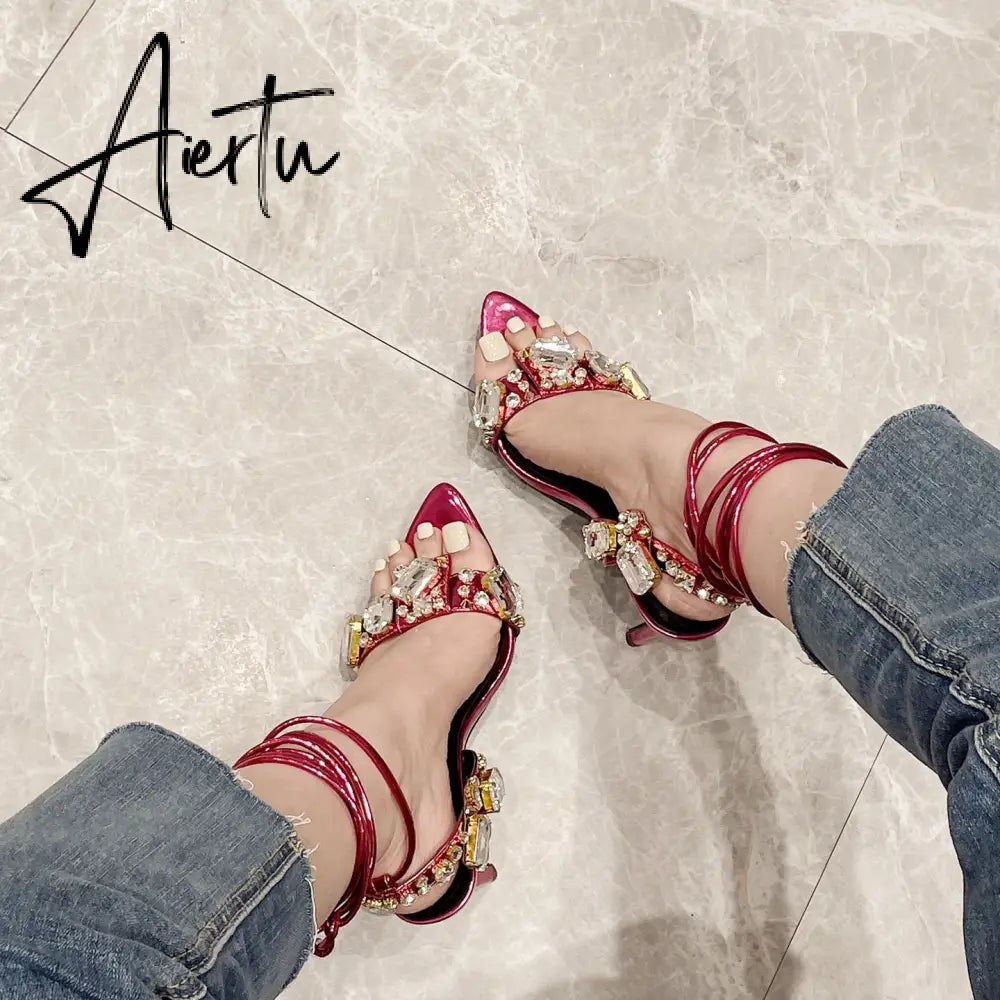 Aiertu  New Summer Women Sandals Female Pu Pointed Toe Crystal Fashion Pumps Ladies Solid Thin High Ankle Strap Sexy Shoes Aiertu