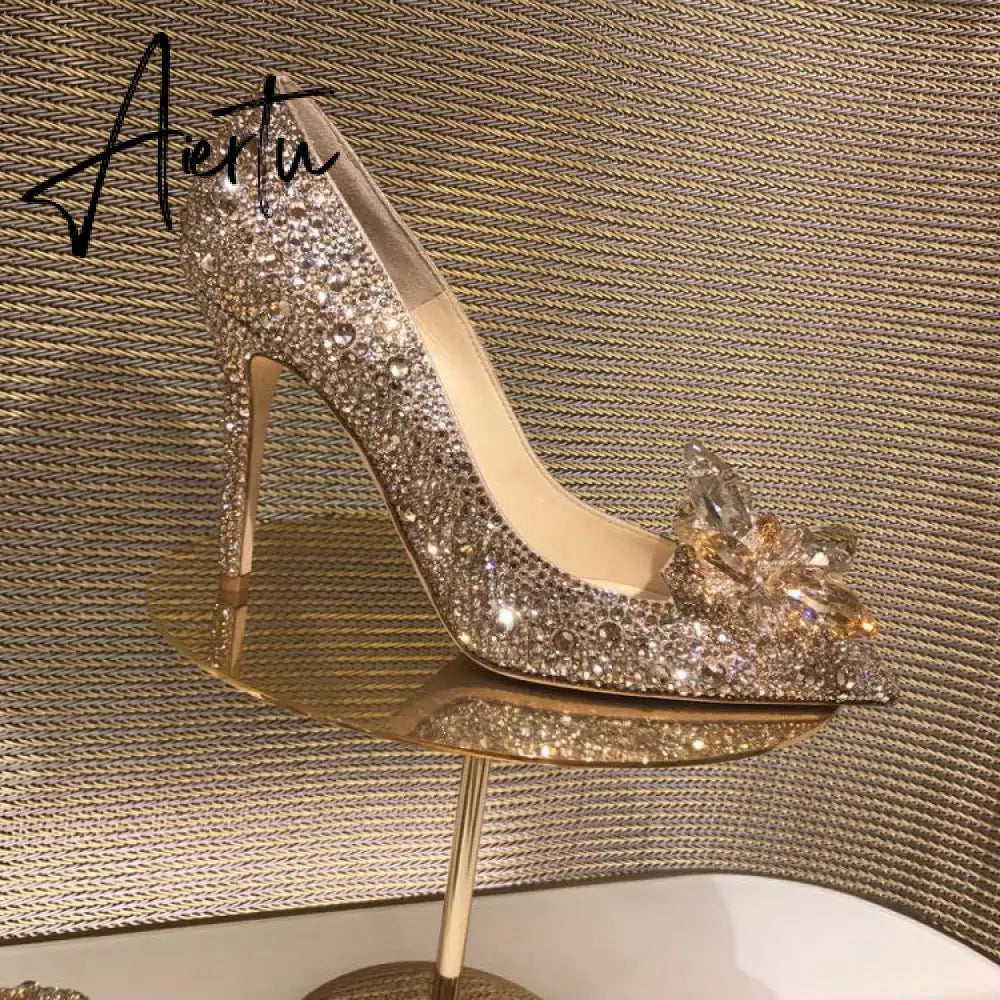 Aiertu  Newest  Cinderella Shoes Rhinestone High Heels Women Pumps Pointed toe Woman Crystal Party Wedding Shoes 5cm/7cm/9cm Aiertu