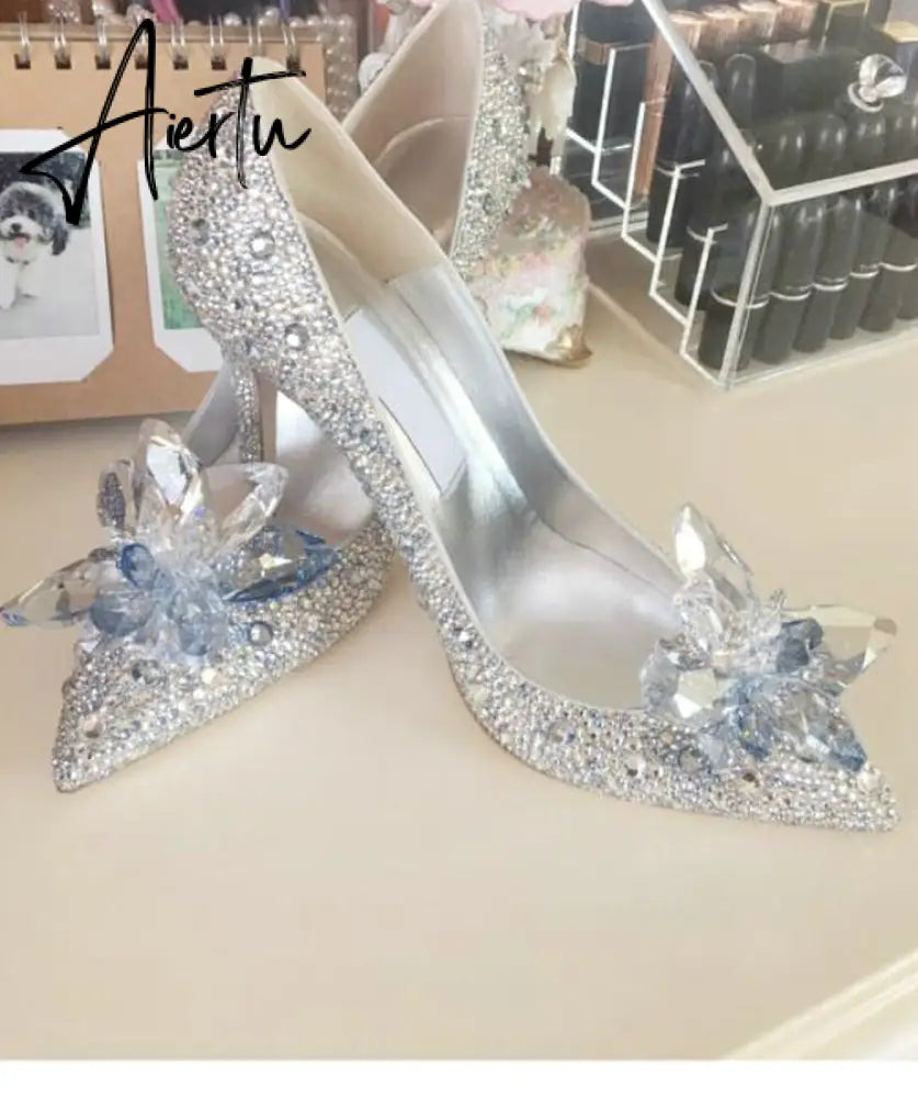 Aiertu  Newest  Cinderella Shoes Rhinestone High Heels Women Pumps Pointed toe Woman Crystal Party Wedding Shoes 5cm/7cm/9cm Aiertu
