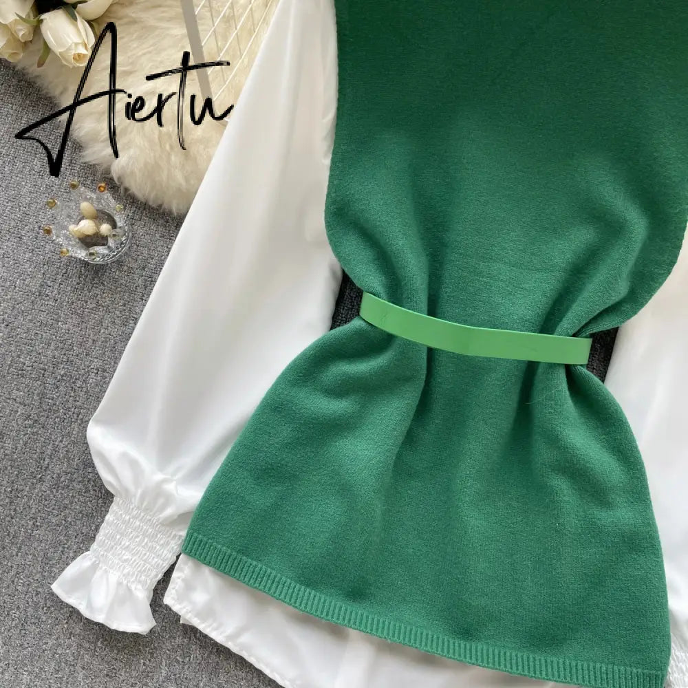 Aiertu  Office Lady Knitted Sweater Warm Thick Knit Vest+Single Breasted Lantern Sleeve Blouse Women Pullover Shirt Suits Aiertu