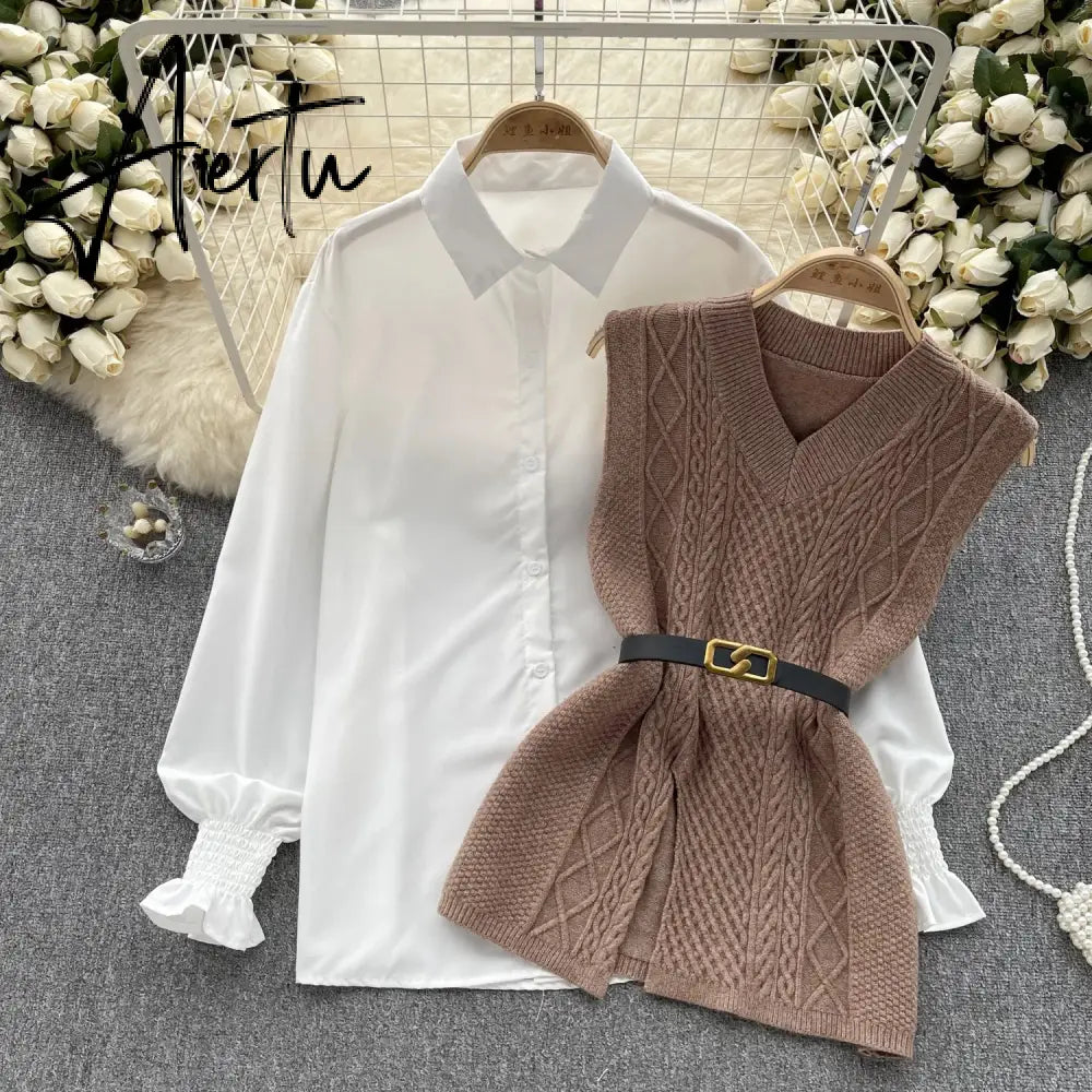 Aiertu  Office Lady Knitted Sweater Warm Thick Knit Vest+Single Breasted Lantern Sleeve Blouse Women Pullover Shirt Suits Aiertu