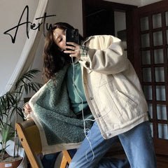 Aiertu  Parkas Women Kawaii Single Breasted BF Warm outwear Trendy Leisure All-match Coat Thick Invierno Patchwork Daily Mujer Teens Ins Aiertu