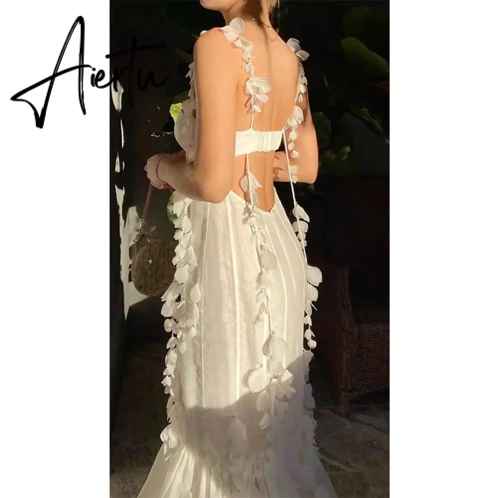 Aiertu Party Dresses White Pretty Elegant Mermaid Prom Spaghetti Strap Sleeveless 3D Appliques Women Cocktail Night Gowns Custom Made Aiertu