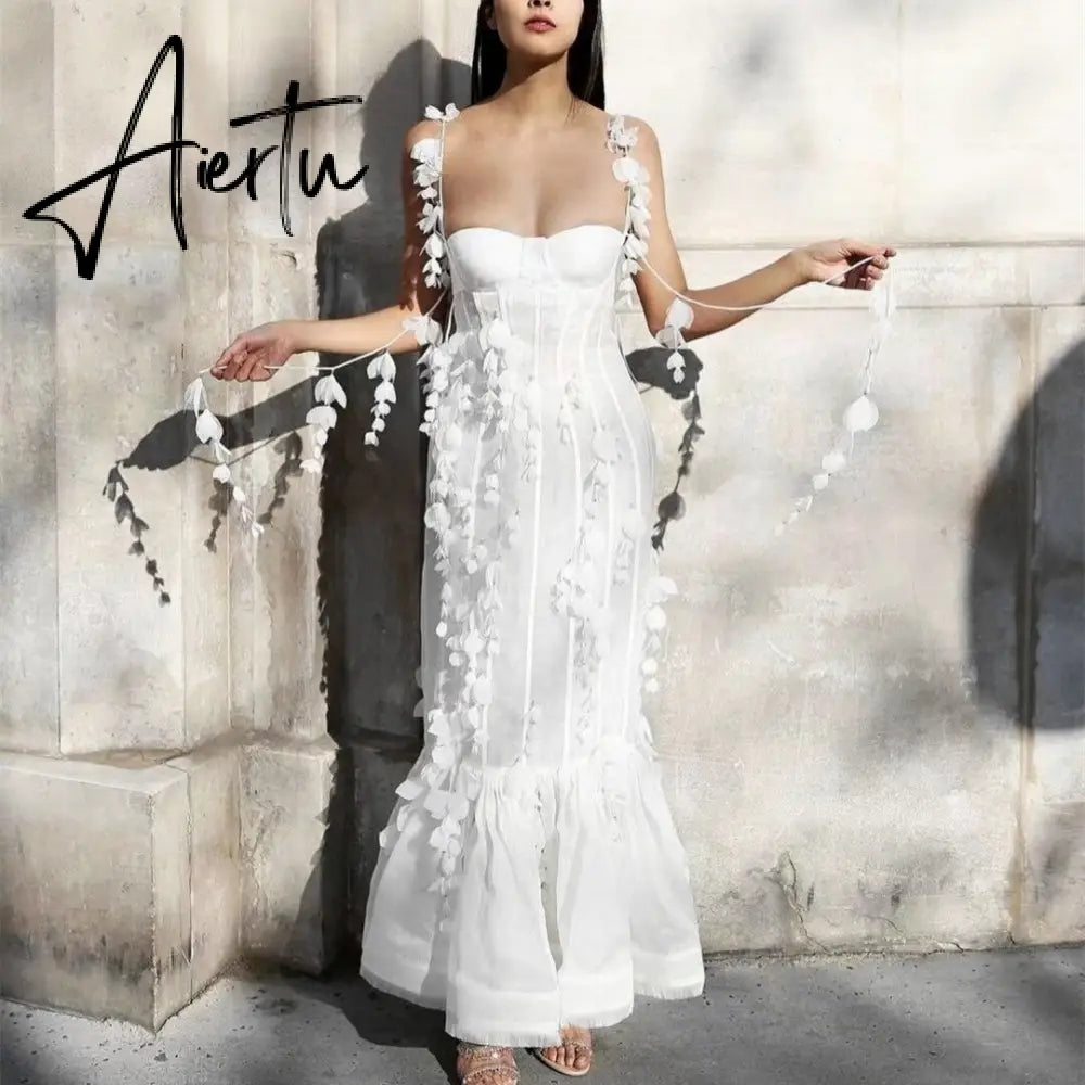Aiertu Party Dresses White Pretty Elegant Mermaid Prom Spaghetti Strap Sleeveless 3D Appliques Women Cocktail Night Gowns Custom Made Aiertu