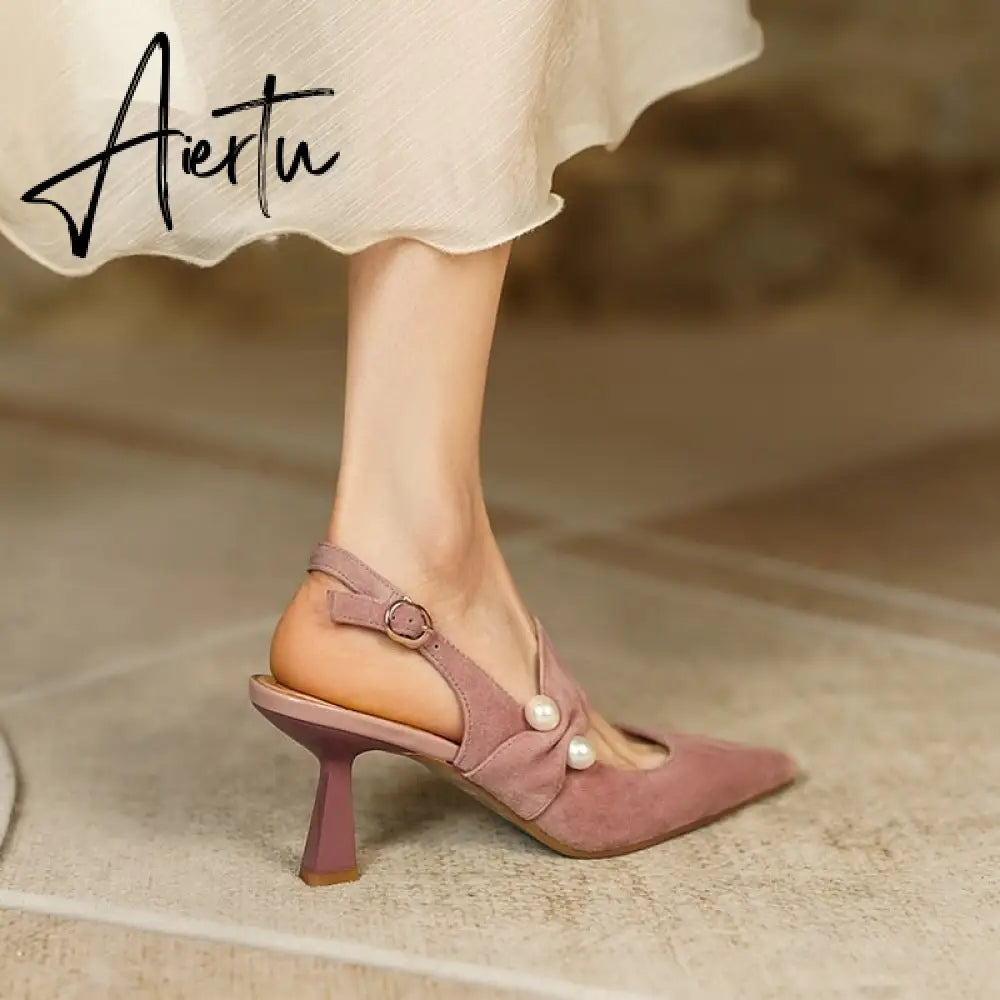 Aiertu Party Prom Women Slingbacks Pumps Summer New Kid Suede Sandals Fashion Pointed Toe High Heels Shoes Woman Heels for Women Aiertu