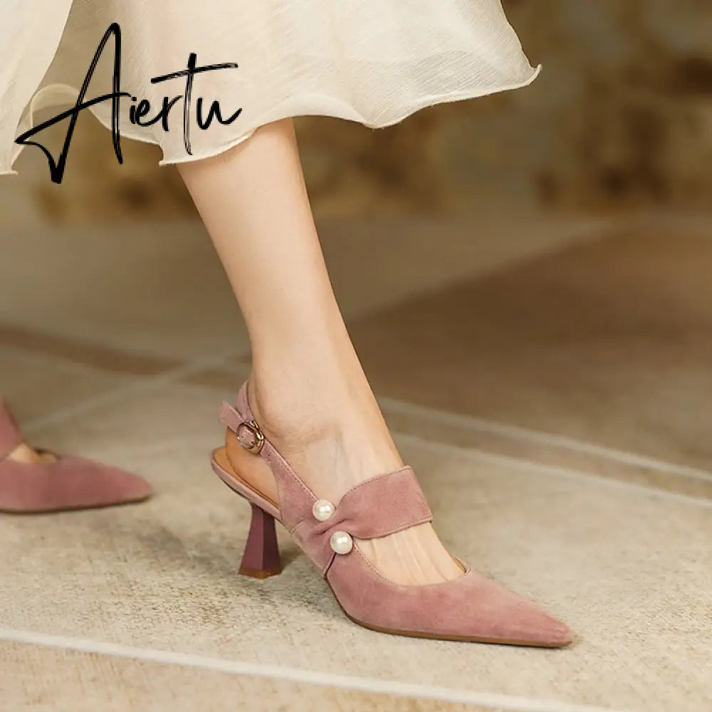 Aiertu Party Prom Women Slingbacks Pumps Summer New Kid Suede Sandals Fashion Pointed Toe High Heels Shoes Woman Heels for Women Aiertu