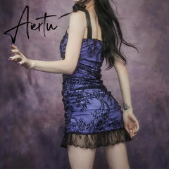 Aiertu Pastel Goth Lace Trim Short Dress Summer E-Girl Aesthetics V-Neck Straped Backless A-Line Dresses Y2K Streetwear Purple Aiertu