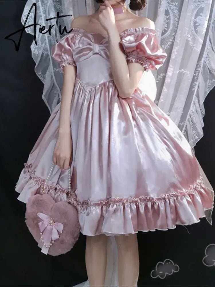 Aiertu Philosophy Women Vintage Princess Dress Satin Silky Lace Ruffles Bow Party Lolita Dress  Kawaii Sweet Pink Dress Summer Chic Aiertu