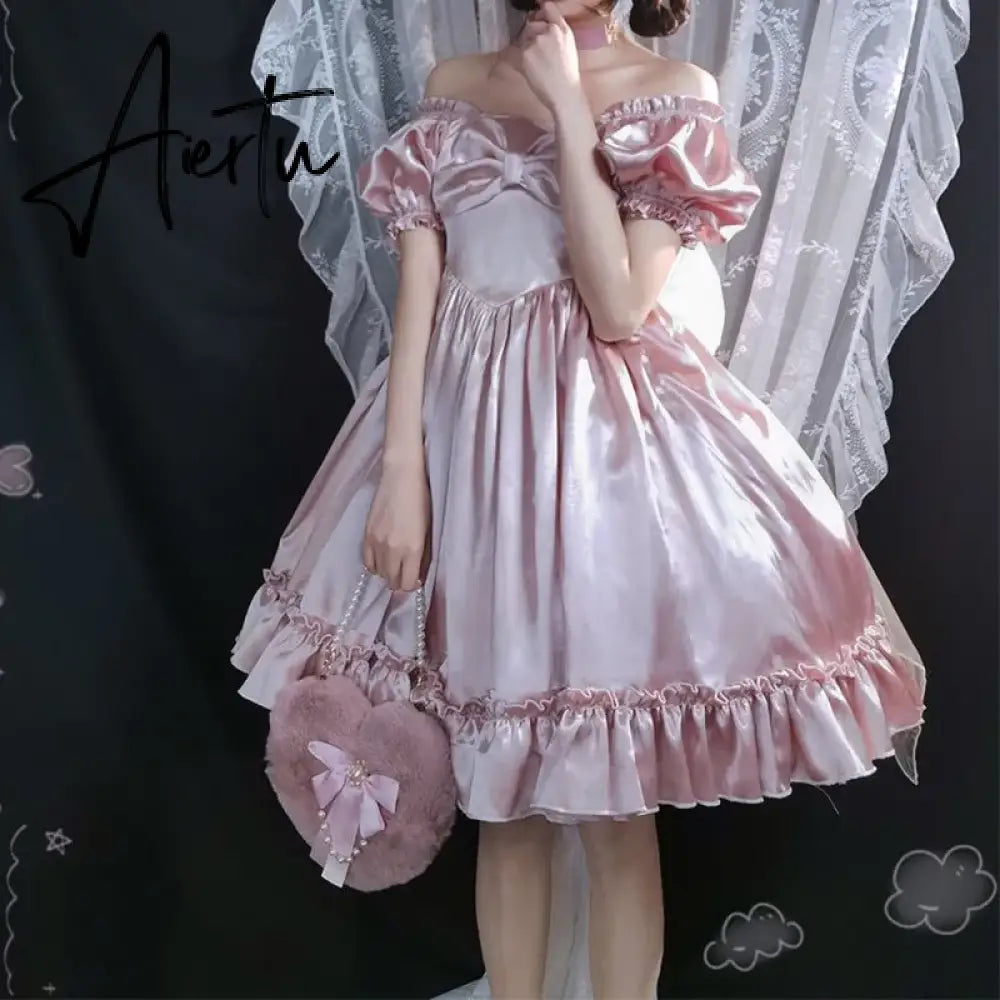 Aiertu Philosophy Women Vintage Princess Dress Satin Silky Lace Ruffles Bow Party Lolita Dress  Kawaii Sweet Pink Dress Summer Chic Aiertu