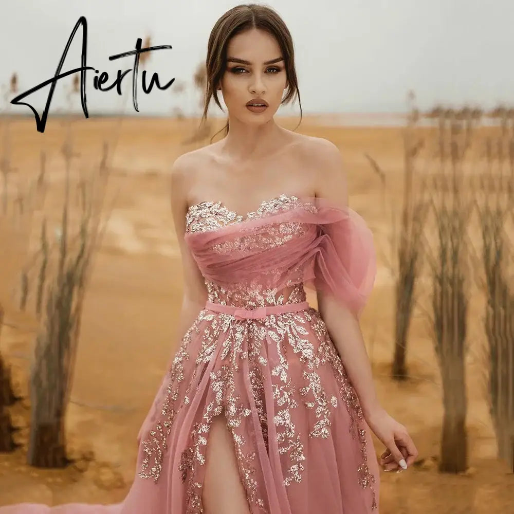 Aiertu Pink A-Line Appliques Tulle Prom Dress Sweetheart One Shoulder Straps Evening Gowns Sexy High Slit Party Dresses robe Aiertu