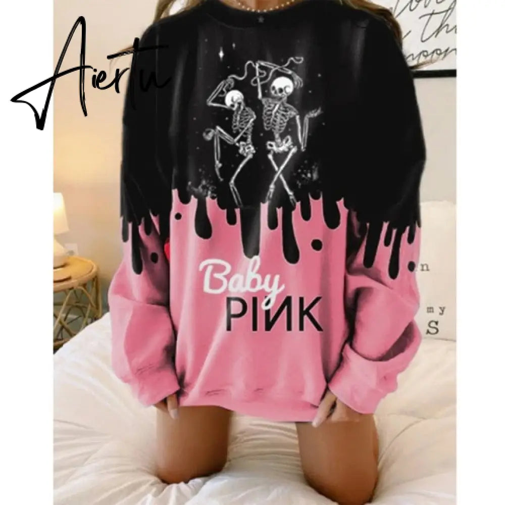 Aiertu Pink Black Letter Print Oversized Crewneck Sweatshirt Women Loose O Neck Long Sleeve Pullover Thin Fashion Tops Spring Fall Aiertu