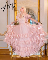 Aiertu  Pink Chameleon Edge Curl A-line  Sweetheart Puffy Short Sleeves Floor-Length Prom Dresses Aiertu