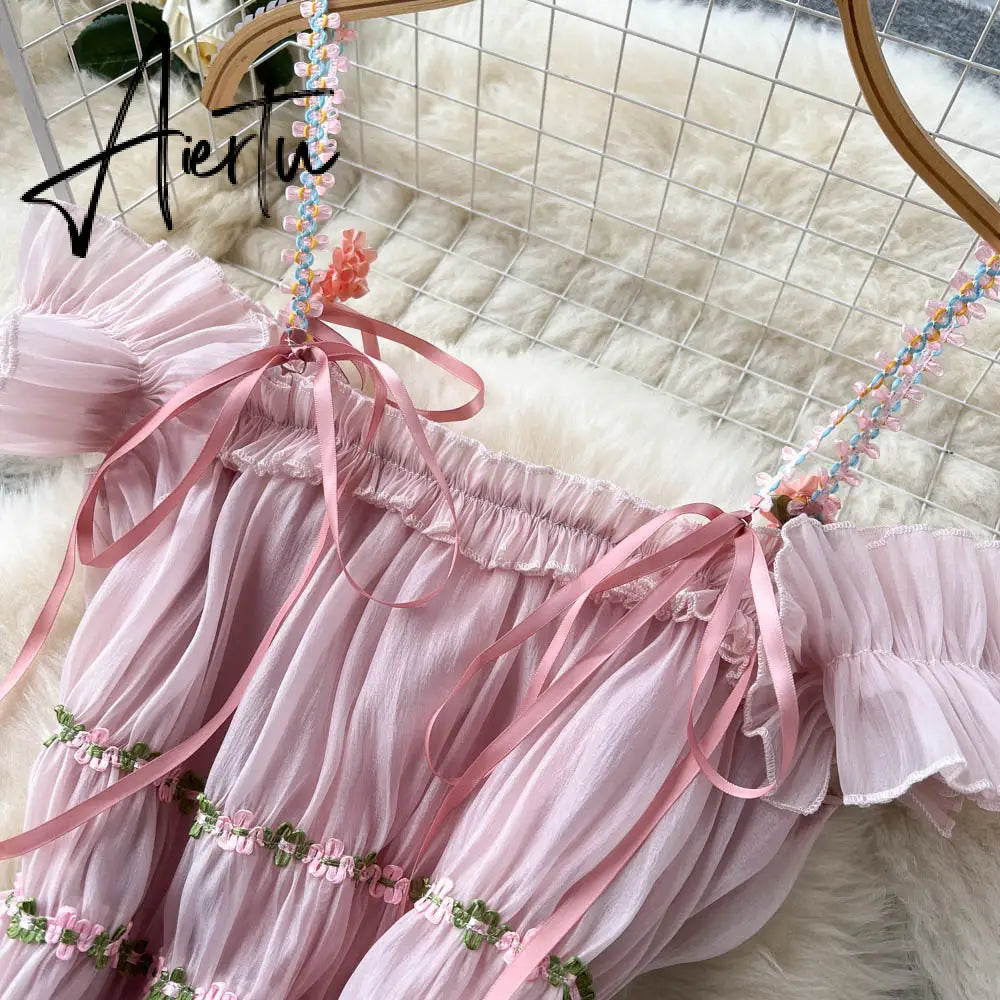 Aiertu Pink Fairy Dress Sweet Princess Midi Spaghetti Strap Dress Pleated Female Summer Vintage Holiday Beach Dress Sundress Femme Robe Aiertu