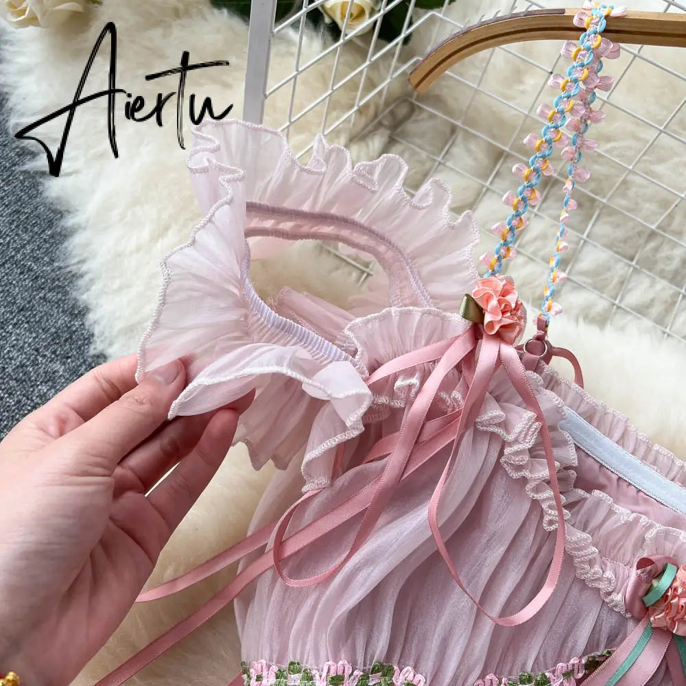 Aiertu Pink Fairy Dress Sweet Princess Midi Spaghetti Strap Dress Pleated Female Summer Vintage Holiday Beach Dress Sundress Femme Robe Aiertu