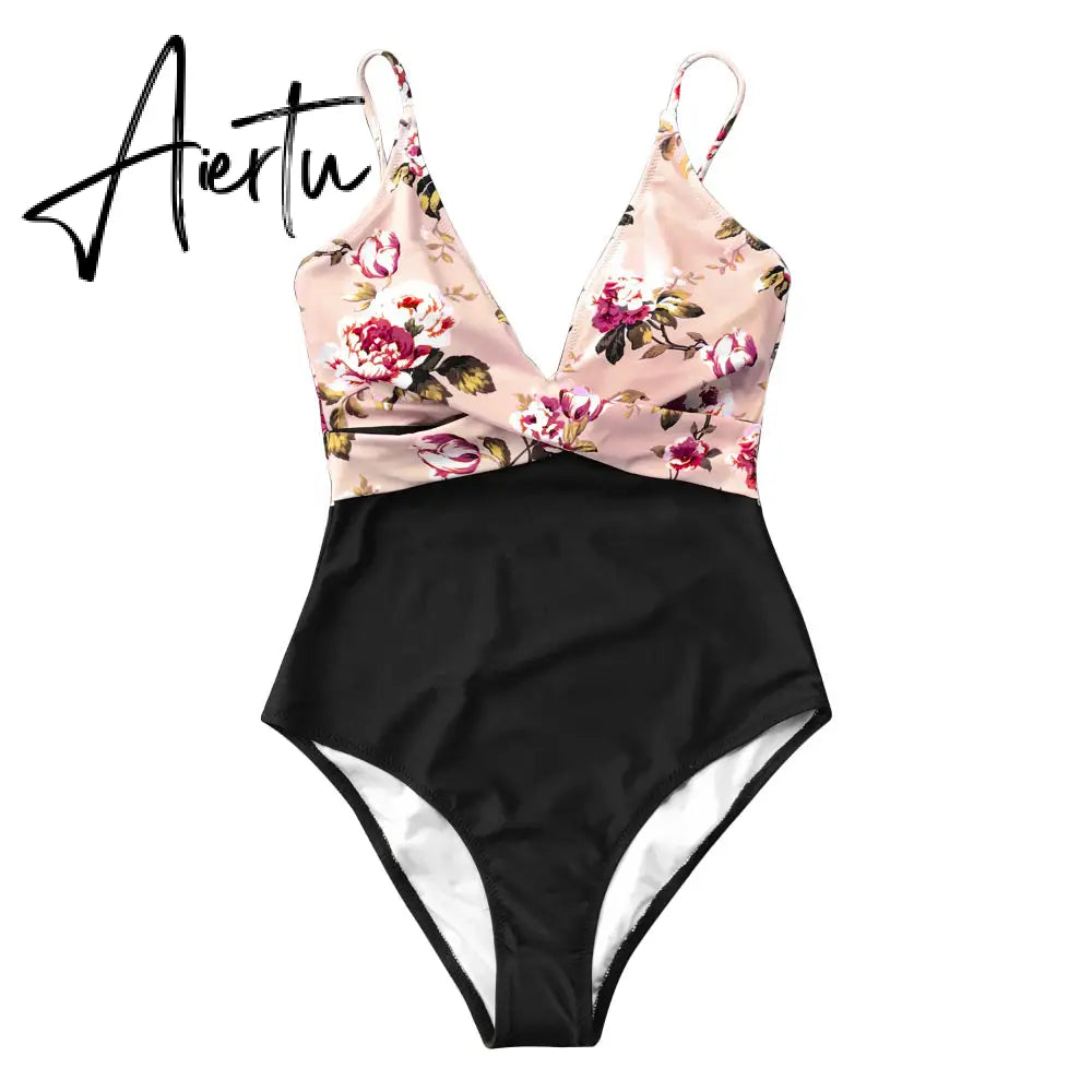 Aiertu Pink Floral One-Piece Swimsuit Women High Leg Cut Sexy Monokini Bathing Suits New Girls Beach Bathing Suit Swimwear Aiertu
