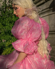 Aiertu Pink Floral Print  A-line Chiffon Sweetheart Puffy Sleeves Sweep Train Prom Dresses 2024 Aiertu