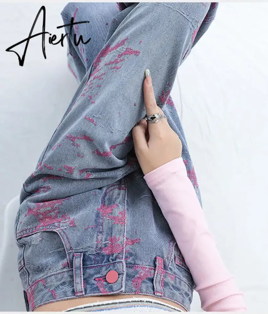 Aiertu Pink Purple Embroidered Jeans For Women Fashion Splash-ink Wide Leg Denim Pants Design Sense High Waist Loose Straight Trousers Aiertu