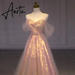 Aiertu Pink Sparking Evening Dress for Women A-Line vestidos de noche mujer Off the Shoulder Prom Party Gown vestidos para mujer Aiertu