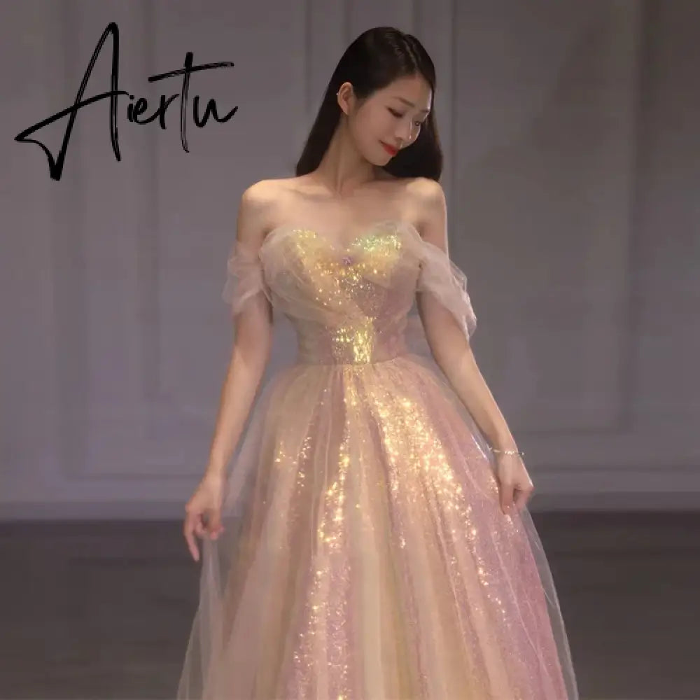 Aiertu Pink Sparking Evening Dress for Women A-Line vestidos de noche mujer Off the Shoulder Prom Party Gown vestidos para mujer Aiertu
