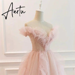 Aiertu Pink Tulle Charming Prom Dress Gown A-Line Formal Gown Beading Off The Shoulder Evening Gown Custom Size vestidos de noche Aiertu