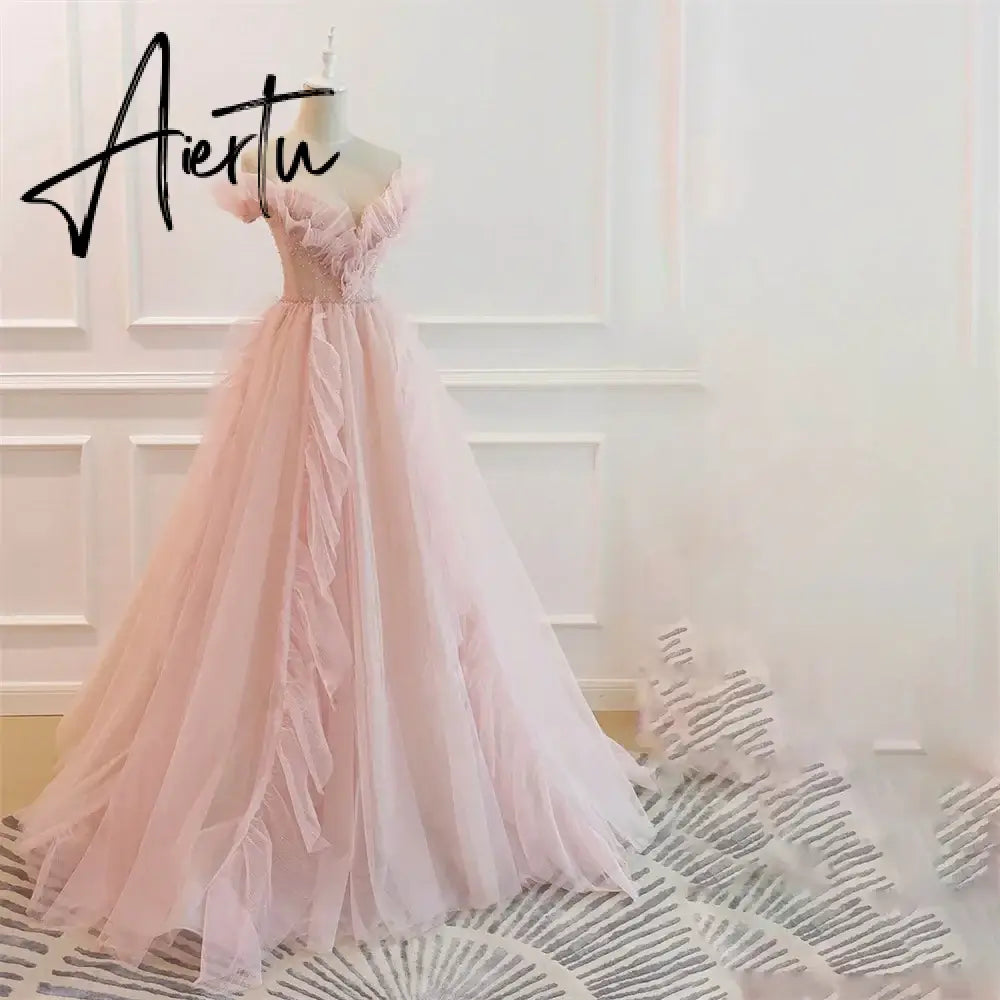 Aiertu Pink Tulle Charming Prom Dress Gown A-Line Formal Gown Beading Off The Shoulder Evening Gown Custom Size vestidos de noche Aiertu
