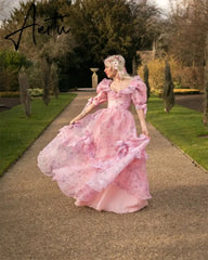 Aiertu  Princess Pink Floral Print Tulle A-line  Heart Shaped Neck Floor-Length Prom Dresses 2024 Aiertu