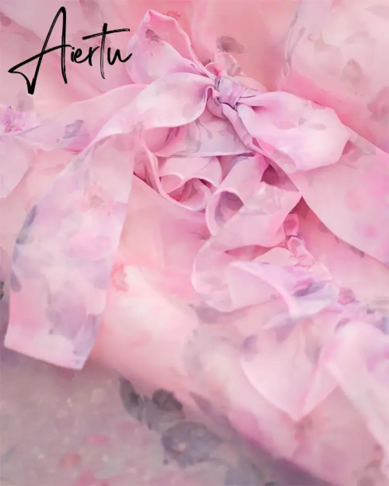 Aiertu  Princess Pink Floral Print Tulle A-line  Heart Shaped Neck Floor-Length Prom Dresses 2024 Aiertu