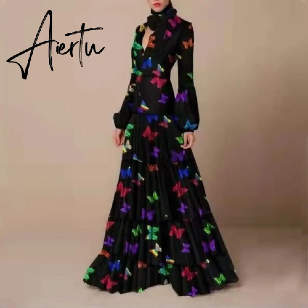 Aiertu  Retro Floral Leopard Print Long Dress Spring Autumn Women Long Sleeve Maxi Dress High Fashion Halter Hollow Out Party Dress Aiertu