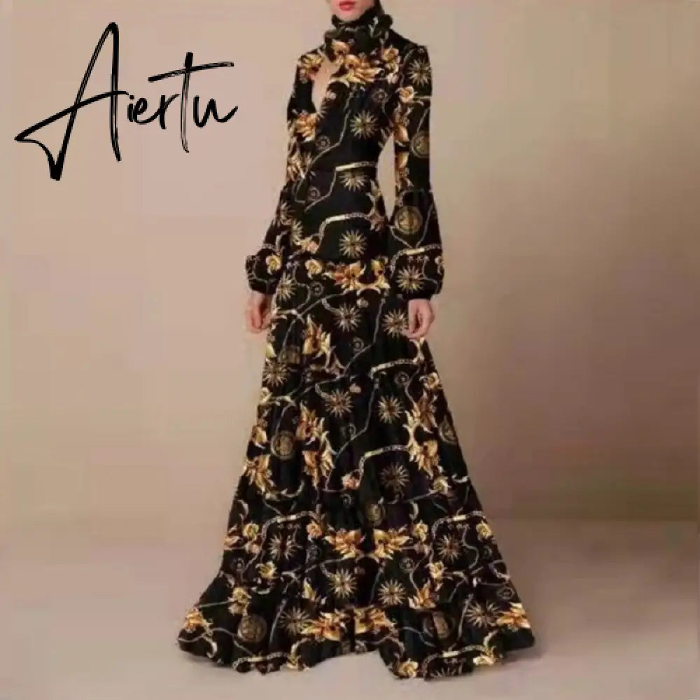 Aiertu  Retro Floral Leopard Print Long Dress Spring Autumn Women Long Sleeve Maxi Dress High Fashion Halter Hollow Out Party Dress Aiertu