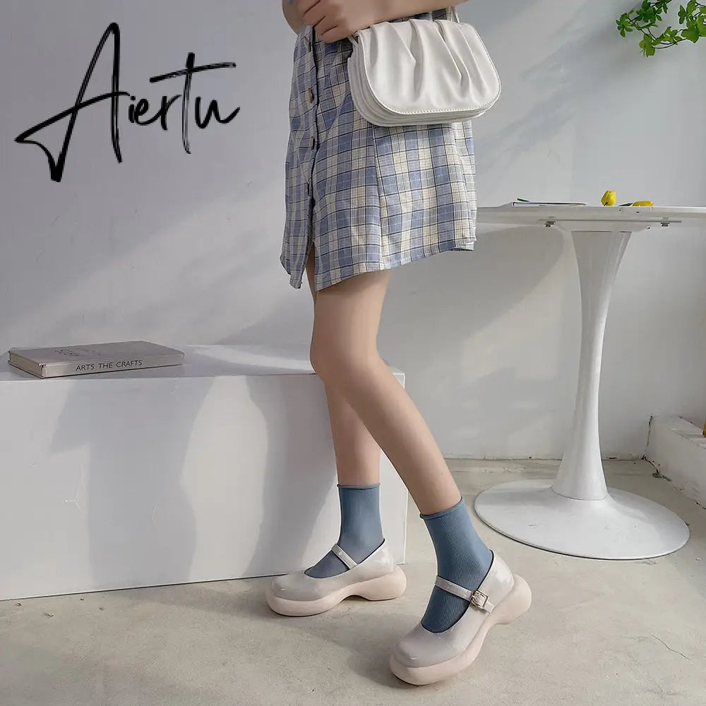 Aiertu Retro Mary Janes Leather Pumps Med Heel Square Toe Buckle Sandals Summer Autumn Fashion Women Shoes Heels 4 cm Aiertu