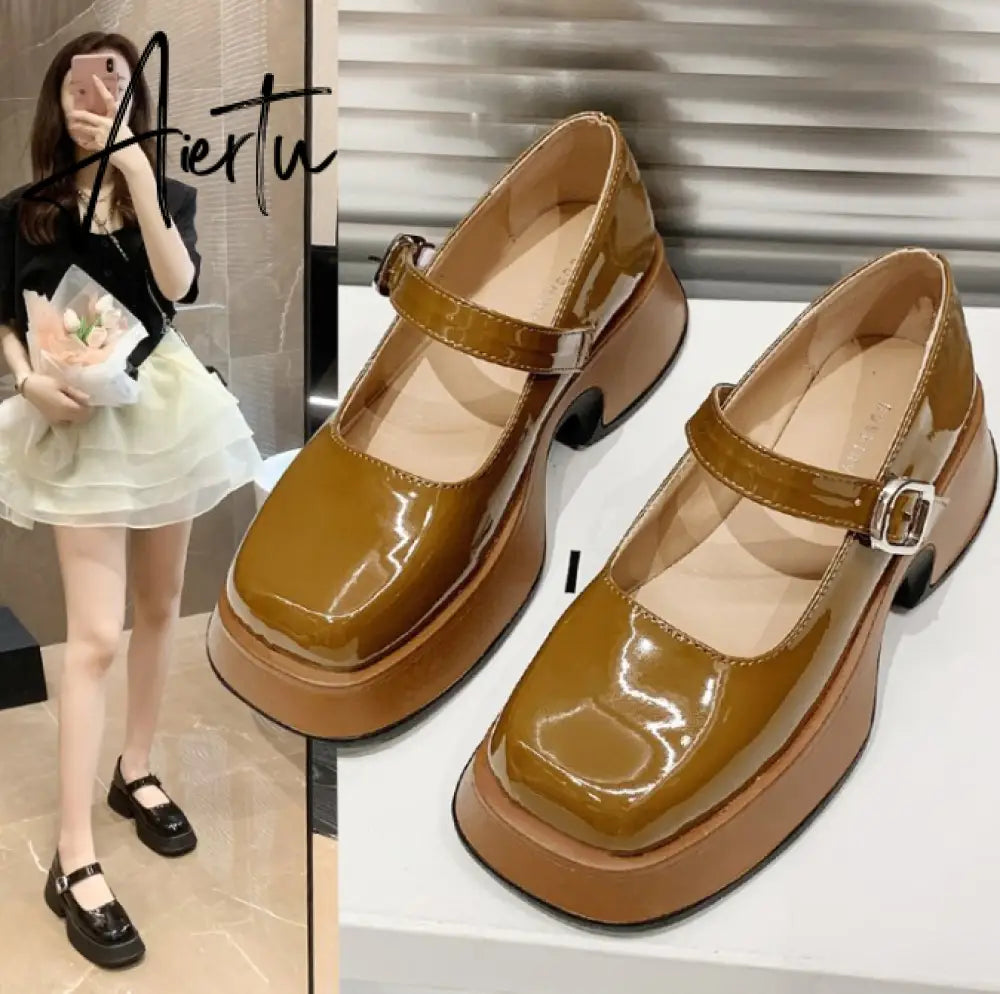Aiertu Retro Mary Janes Leather Pumps Med Heel Square Toe Buckle Sandals Summer Autumn Fashion Women Shoes Heels 4 cm Aiertu